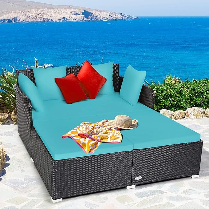 COSTWAY Outdoor Patio Rattan Daybed, Sponge Cushioned Loveseat Sofa with 4 Pillows, Wicker Furniture Sunbed for Balcony, Courtyard (Turquoise)