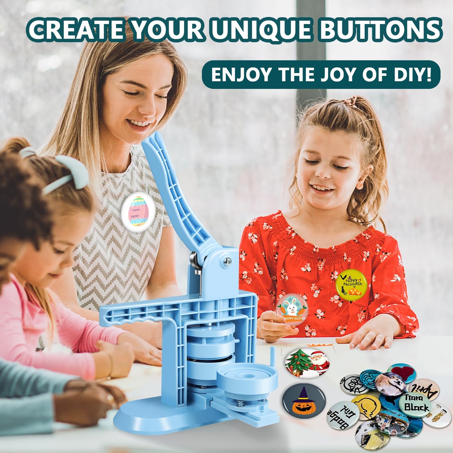 MK.Bear Button Maker Machine Multiple Sizes 1+1.25+2.25inch(4th Gen), DIY Button Pin Maker Machine Kit, Badge Press Machine with 300PCS 25+32+58mm Button Making Supplies& Cutting Mat&Circle Cutter