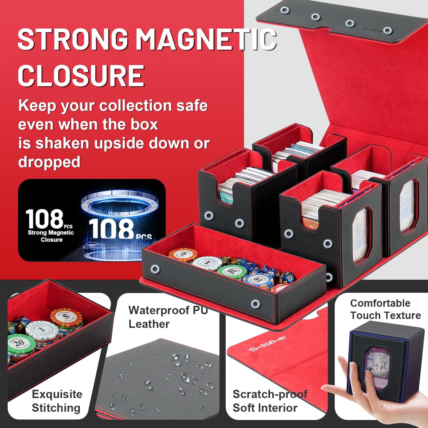 Trading Card Storage Box with Commander Display for MTG, TCG, Sports Cards, 5-in-1 Card Deck Box, Holds 450+ Double-Sleeved Cards, 4 Individual Deck Cases with Covers, Dice Tray & Magnetic Holders