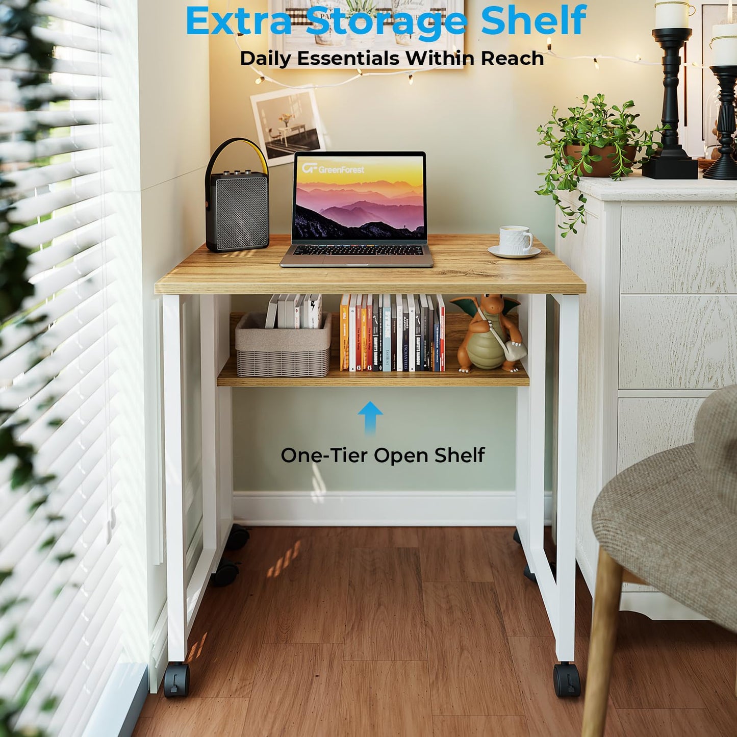 GreenForest Folding Desk Small Rolling Desk with Storage Shelf,24.8 inch Foldable Computer Desk with Wheels for Small Space,Easy Assembly,Oak