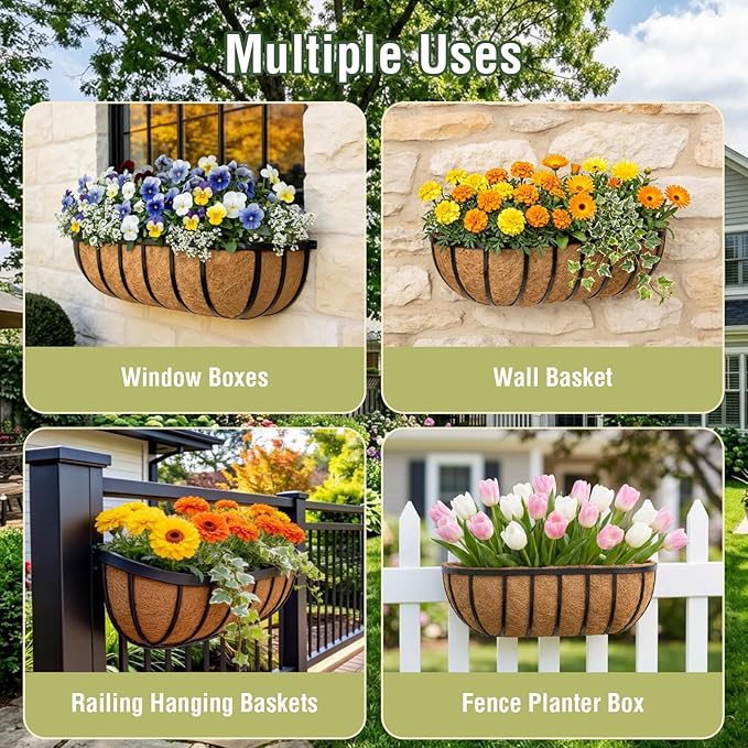 2 Pcs 30 Inch Trough Coco Liner for Window Box, 100% Natural Half Moon Coconut Coir Planter, Replaceable Coconut Fiber Liner for Window Boxes & Fence Flower Baskets (2, 30 inch)