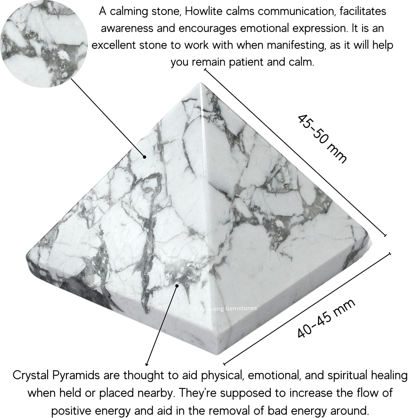Amazing Gemstone Howlite Pyramid Crystal Healing Stones - 2" Great Pyramid Figurine of Natural Stone Pyramid for Meditation, Reiki, Chakra Balancing and Crystal Pyramids Grid