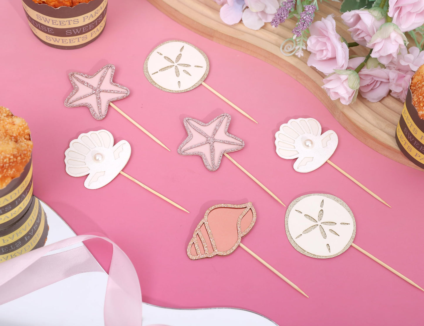Mermaid Sea Shell Theme Cupcake Toppers - Oneder the Sea Birthday Decorations, 12 PCS Neutral Boho Ocean Beach Cupcake Topper, Under the Sea Party Decor, Mermaid Baby Shower Decoration