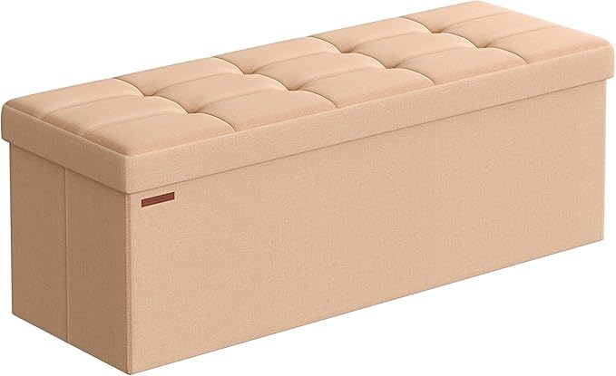 SONGMICS Mazie Collection - Storage Ottoman Bench, 43 Inches Folding Foot Rest Stool, End of Bed Bench, Easy Assembly, for Living Room, Bedroom, Entryway, Apricot Orange ULSF077O01