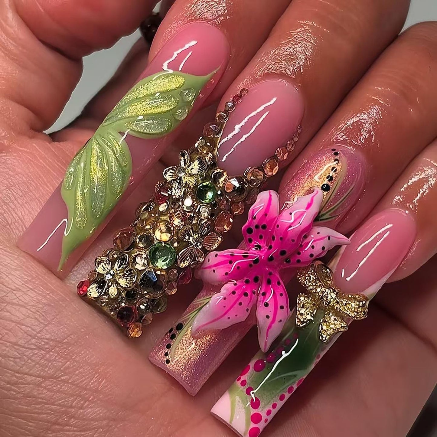 FIEONCIY Press on Nails Coffin Long Length Acrylic Glossy Full Cover Square Shaped French False Nails with Designs Artificial Extra Long Fake Nails with Charms Glue ons Fingernails for Women(AA125)