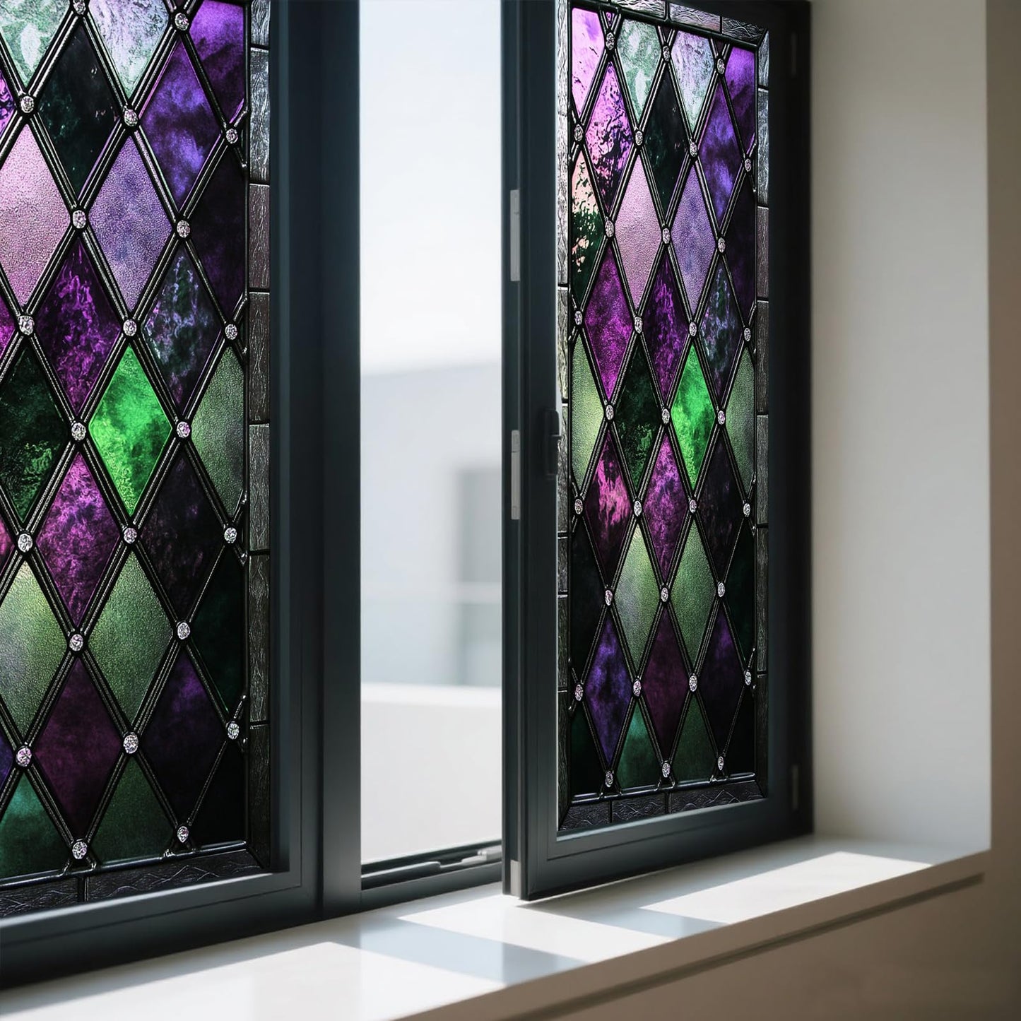 IVN Privacy Window Film Stained Glass Window Cling Purple and Green Diamond Design Decorative Static Cling Window Sticker for Bathroom Kitchen Entry Door 17.7 x 39.3 Inch