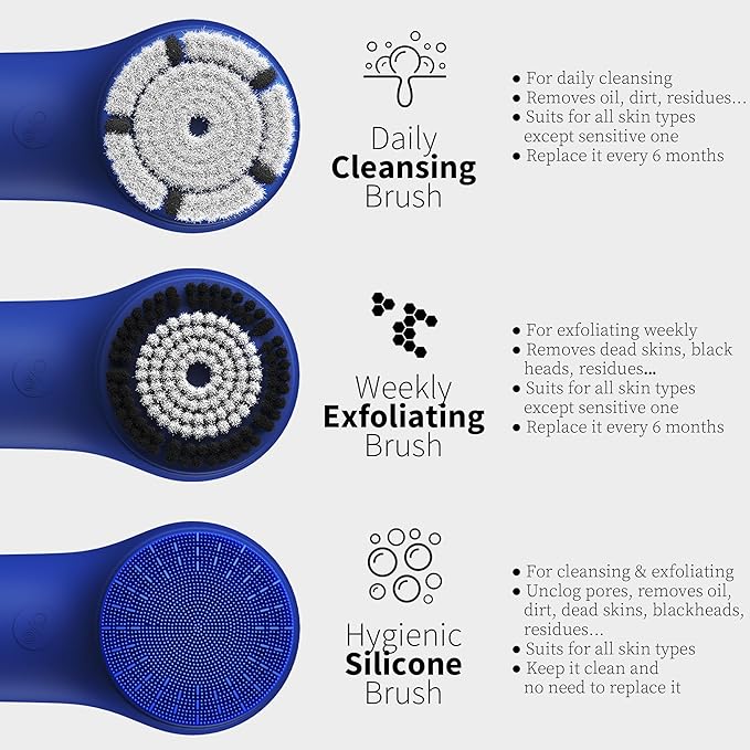 Face Scrubber, NågraCoola 3.0 Facial Cleansing Brush, Waterproof & Rechargeable Face Scrub Brush for Men& Women, Electric Facial Exfoliator with 3 brushes, 3 Intensities, 2 Modes with Eye Rollor-Azure