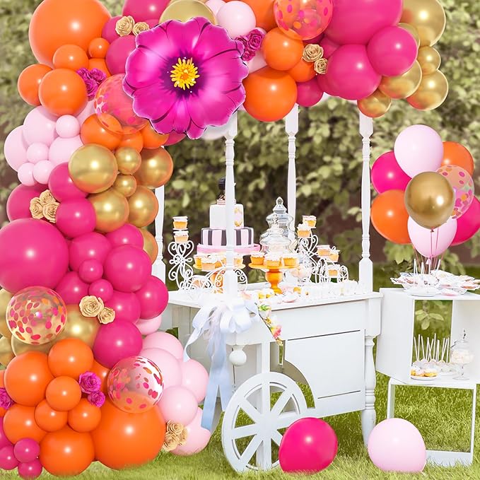 Ouddy Life 175Pcs Hot Pink and Orange Balloons Arch Garland Kit, Pink and Orange Party Decorations with Gold Balloons Foil Flowers for Women Wedding Bridal Tropical Bachelorette Birthday Decor, Large