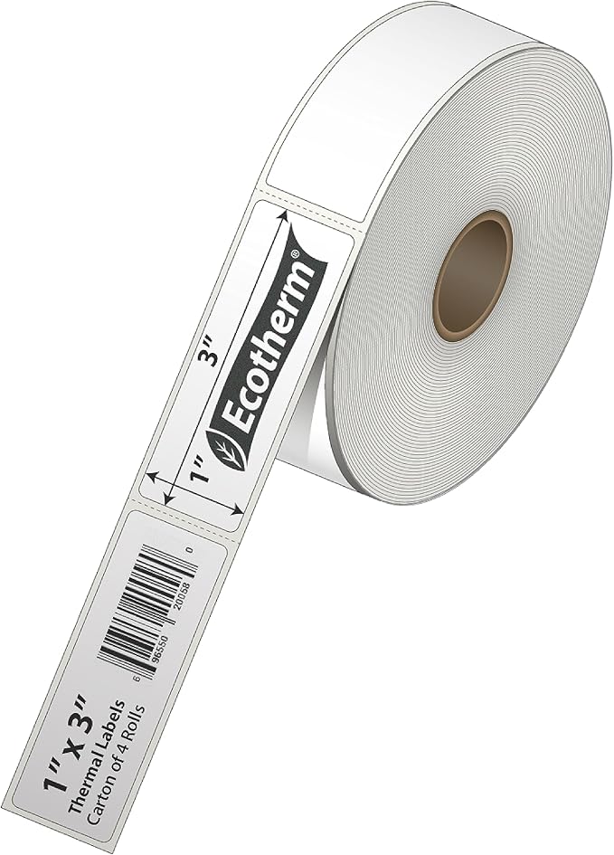 1" x 3" Thermal Labels | 4 Rolls | 2720 Labels | fits Zebra, Godex, Arkscan, iDPRT, Offnova Thermal Label Printers and More | Blank White Adhesive Stickers by Ecotherm