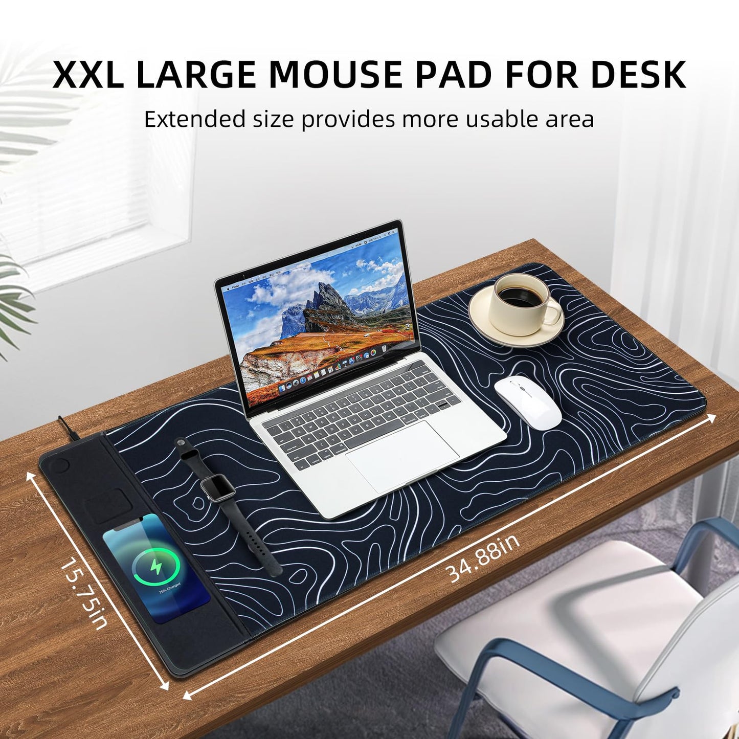 VOVIPO 3 in 1 Wireless Charging Mouse Pad, Gift for Dad/Office Manager,Wireless Charger Compitable with iPhone/Watch/airpods. Wireless Charging Desk Mat 90 x 40cm,Black Topographic Computer Desk Pad