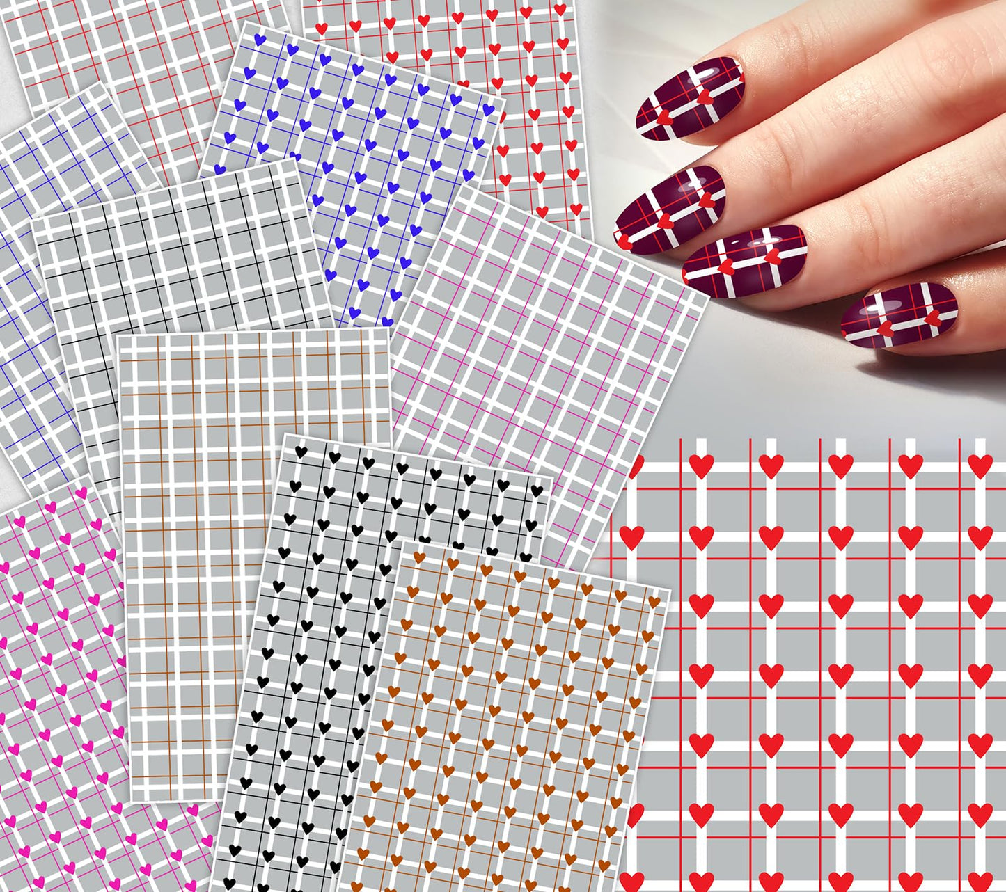 Nail Decals [10 Sheets] Plaid Heart Nail Stickers Set Grid Patterns Lines Colorful Hearts Playful Combinations Neat Structured Designs for Cute Stylish Manicure Looks Fun Everyday Nail Styles