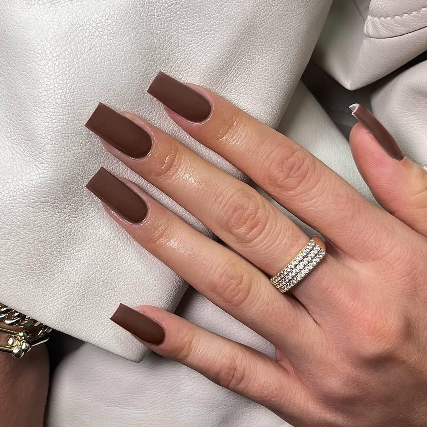 Matte Brown Press On Nails Medium Long Square, Xcreando Medium Coffin Nails Acrylic Press ons Glue on Nails Long Length, Solid Color Fake Nail for Women, Natural Thick Artificial Nail Stick on
