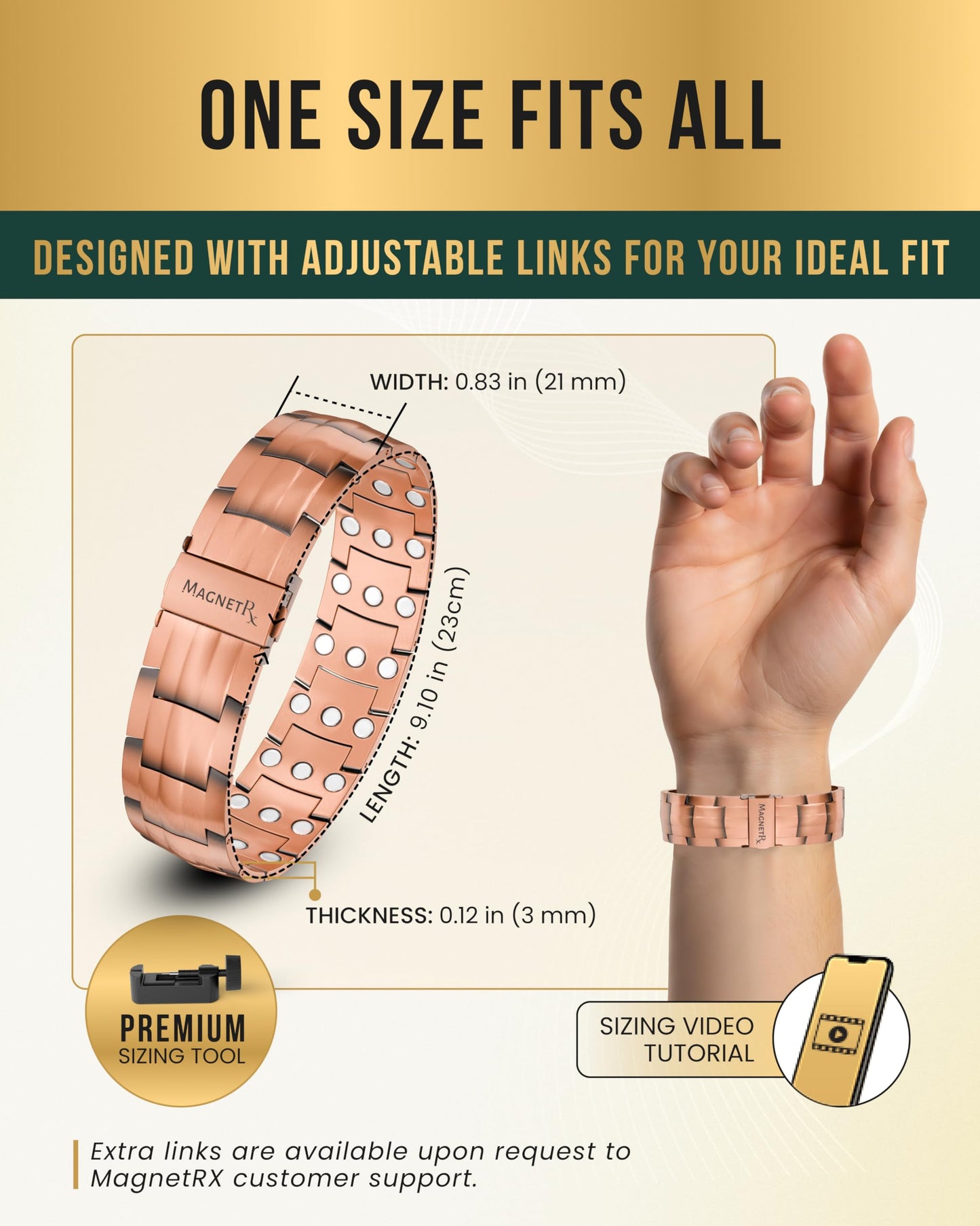 MagnetRX® 3X Strength Copper Bracelet – 99.9% Pure Copper Bracelets for Men with Magnets – Premium Fold-Over Clasp and Adjustable Bracelet Length with Included Sizing Tool (Legacy)