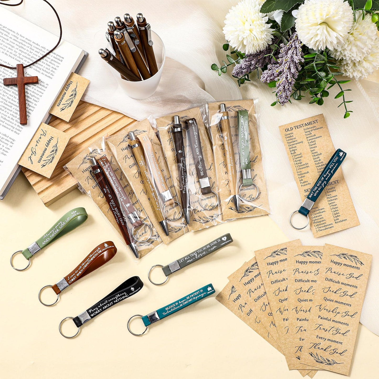 Gueevin 30 Sets Easter Christian Church Gift Bulk Bible Verse Bamboo Pens Religious Bookmarks and Scripture Silicone Keychains Appreciation Gift for Employee Nurse Women Men Pastor Teacher Sunday