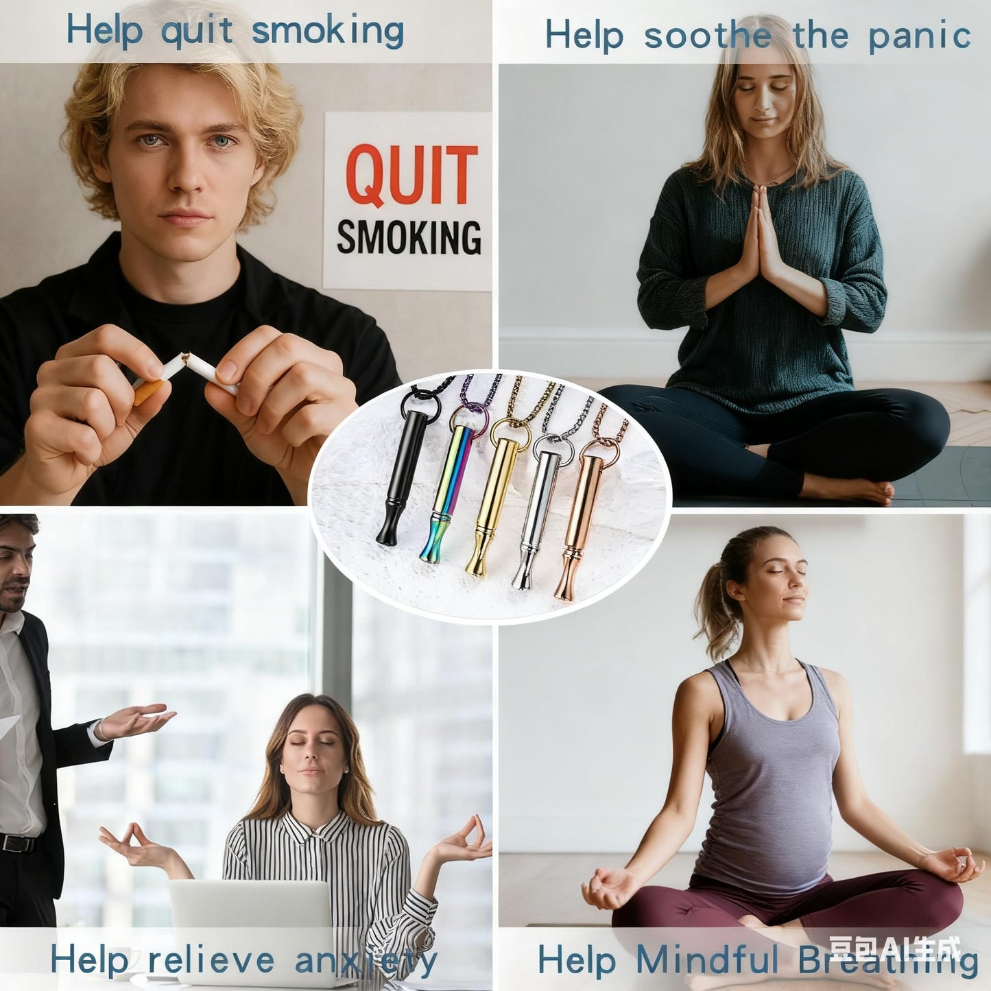 hooppoo Breathing Necklace for Calm & Focus - Personal Essential Oil Diffuser for Anxiety Relief, Quit Smoking, Yoga and Meditation - Reusable Stainless Steel Pendant for Women Men (Black)