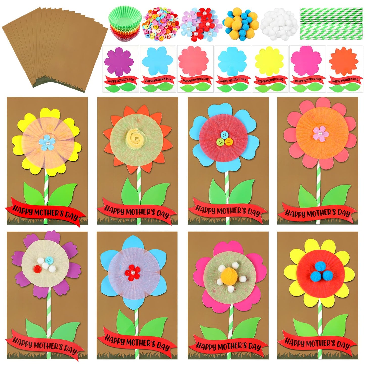 Engrowtic 48 Pcs DIY Mother's Day Flower Craft Kit Happy Mother's Day Card Making Kit with Blessing Message Envelope Make Your Own Flower Greeting Card for Gifts Classroom School Home Activities