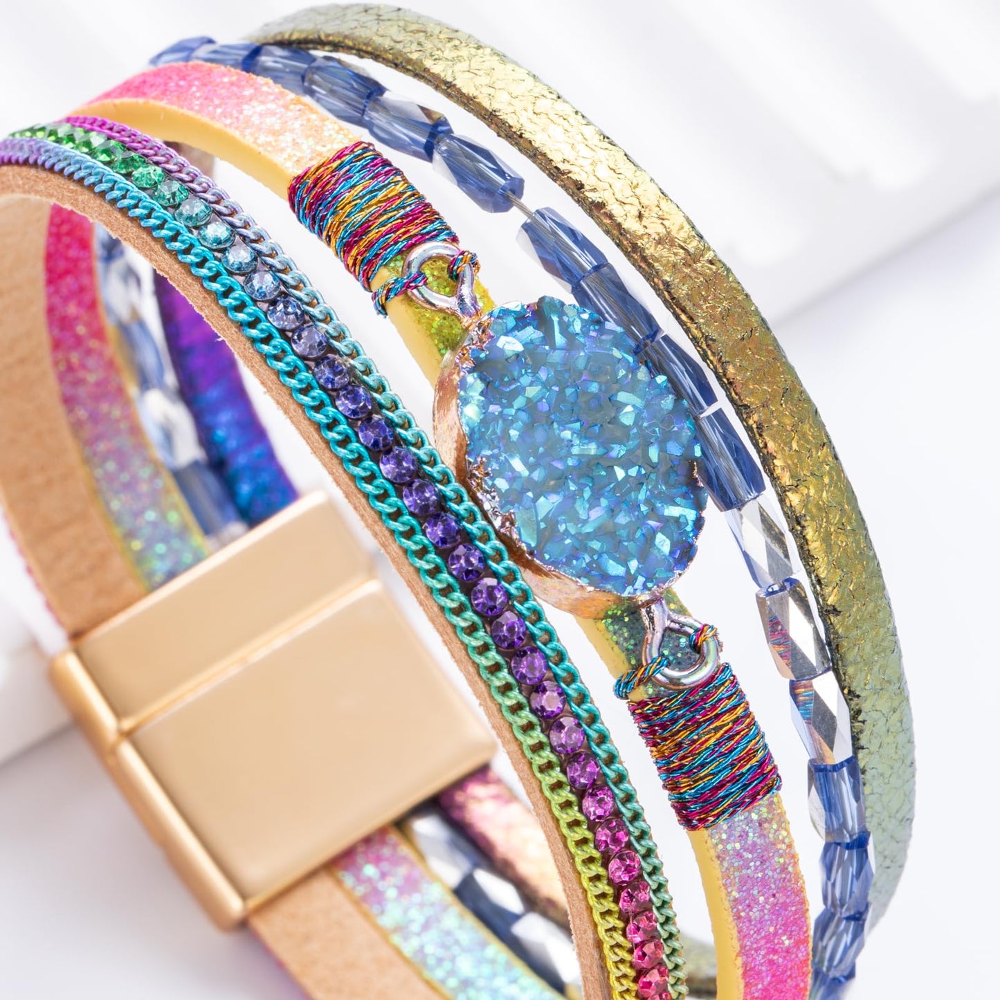 FANCY SHINY Boho Leather Wrap Bracelet Stackable Chunky Crystal Cuff Bracelets with Magnetic Clasp Cowboy Cowgirl Western Summer Beach Outfits Jewelry Gifts for Women (7.7", Rainbow)
