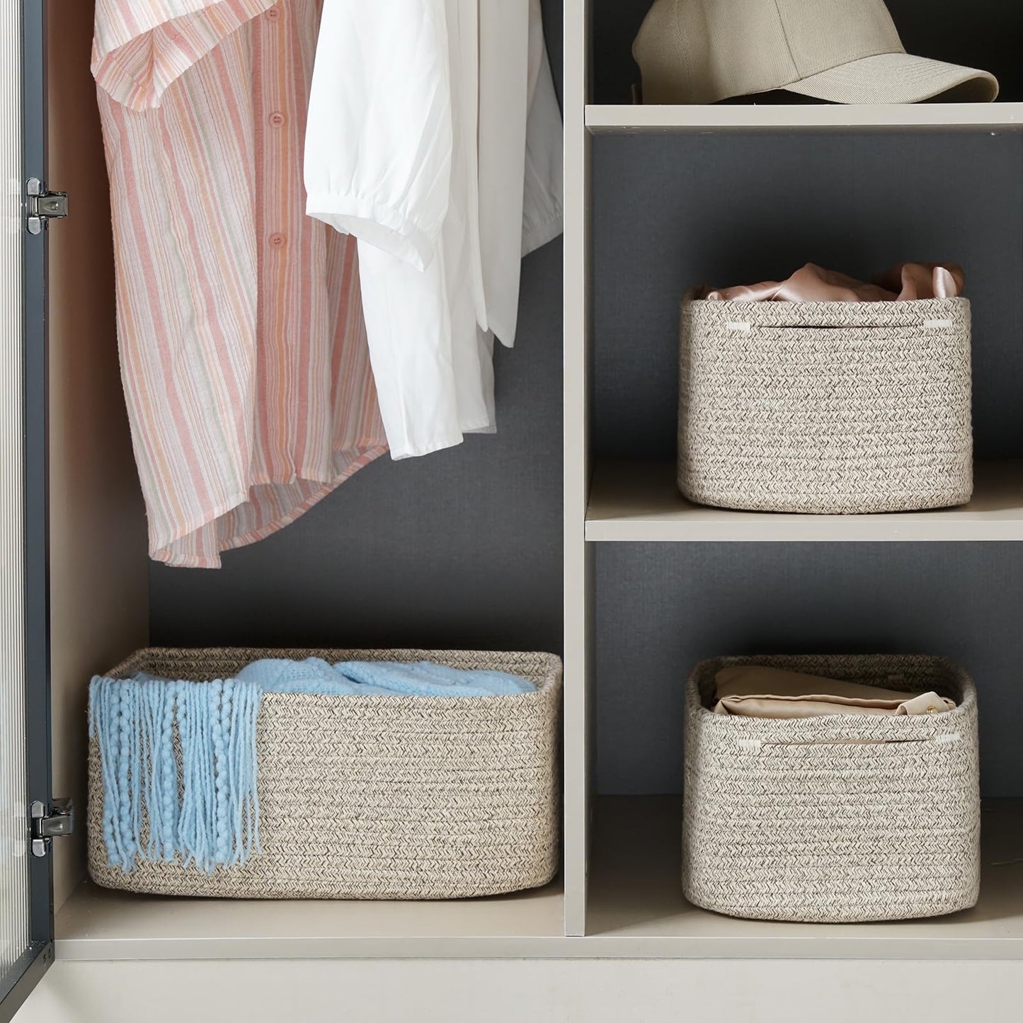 Maxuni 3-Pack Storage Baskets for Organizing | Woven Shelf Toy Basket | Rope Baskets for Gifts Empty | Closet Organizer Bins with Handles | Cube Decorative Box | 13.7×7.1×6.7” | Mixed brown