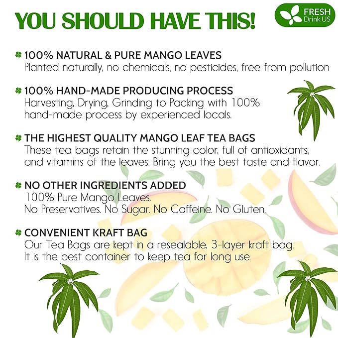 FreshDrinkUS, Premium 100 Mango Leaf Tea Bags, 100% Natural & Pure from Mango Leaves. Loose Leaf Herbal Tea. No Sugar, No Caffeine, No Gluten, Vegan.
