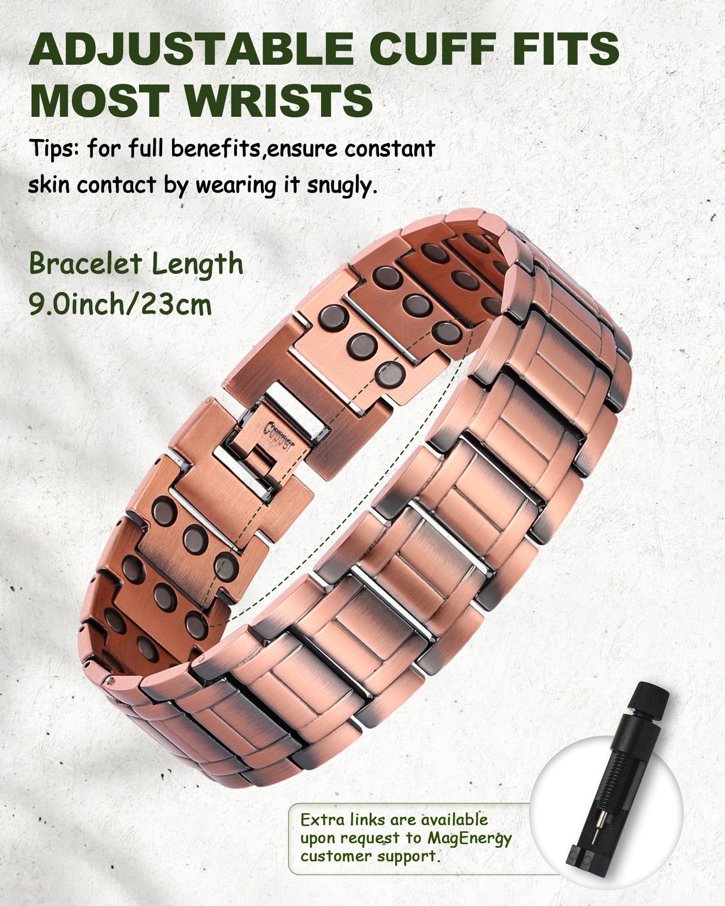 MagEnergy Copper Bracelet for Men, 3X Strength Magnetic Bracelet, 99.99% Pure Copper Jewelry Gift with Sizing Tool