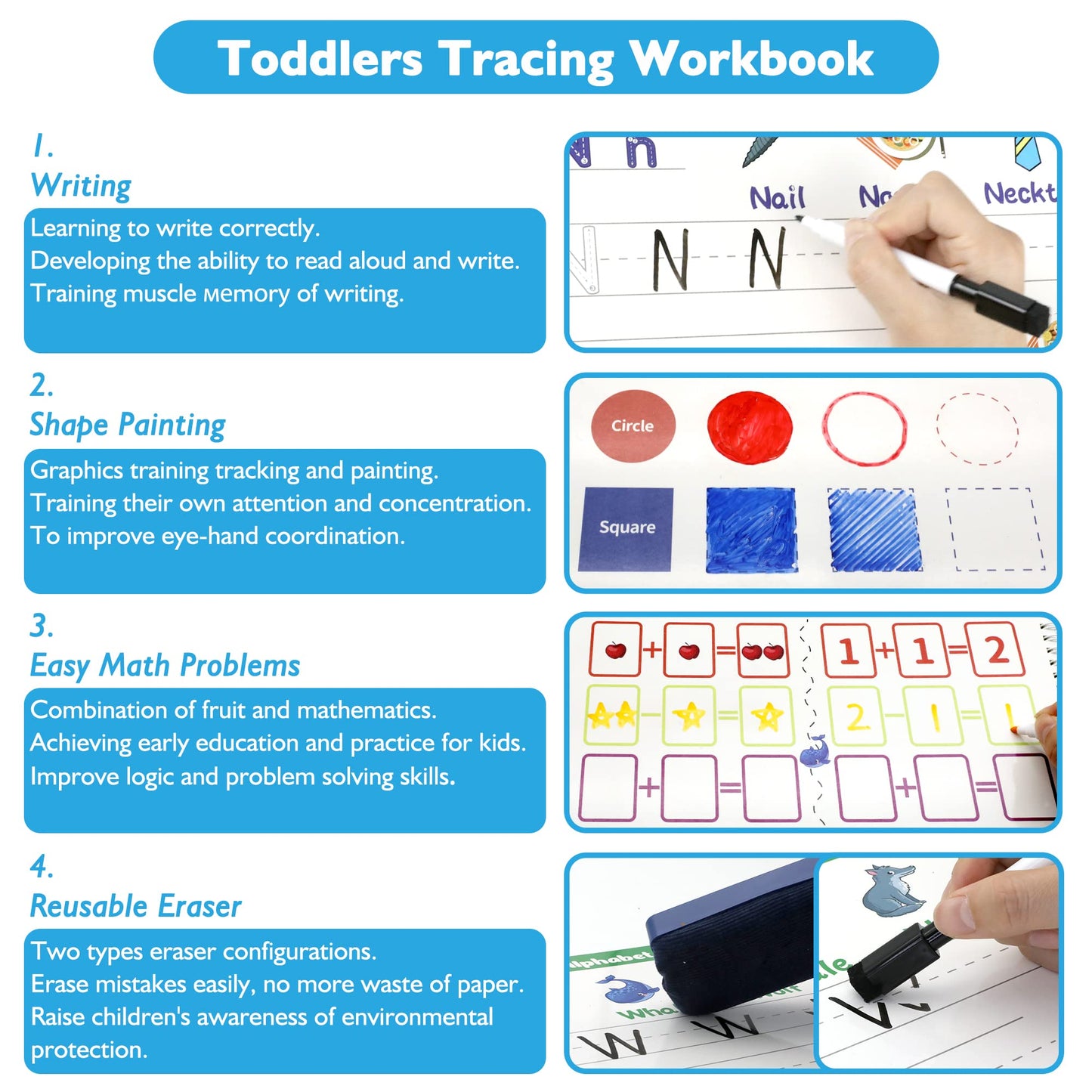 Handwriting Practice Tracing Books for Kids Ages 3-5, Montessori Preschool Learning Activity, Autism Educational Learn Number Letters Shapes Animal & Sight Words Workbook with 8 Dry Erase Markers