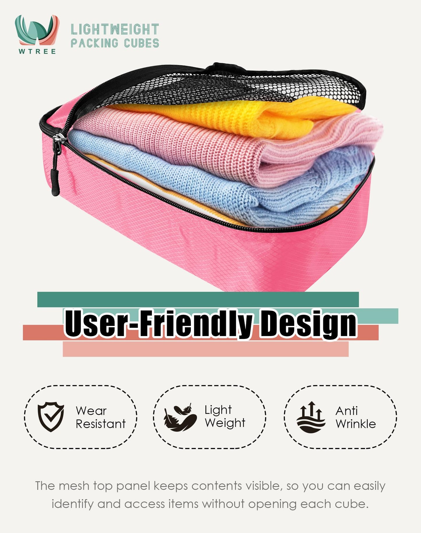 WTREE 4-Piece Packing Cubes Travel Accessories Set for Suitcases - Luggage Organizer Bags with Double Zipper - Mesh Top - Small/Medium/Large/Slim - Pink
