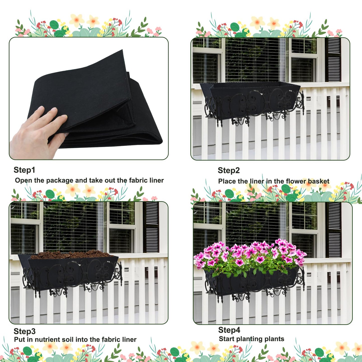 4PCS 30Inch Rectangle Window Box Liner Felt Planter Basket Liner Insert Black Plant Container Liners Non Woven Fabric Liner for Garden Fence Wall Railing Hanging Flower Pot - Avoid Bird Nesting