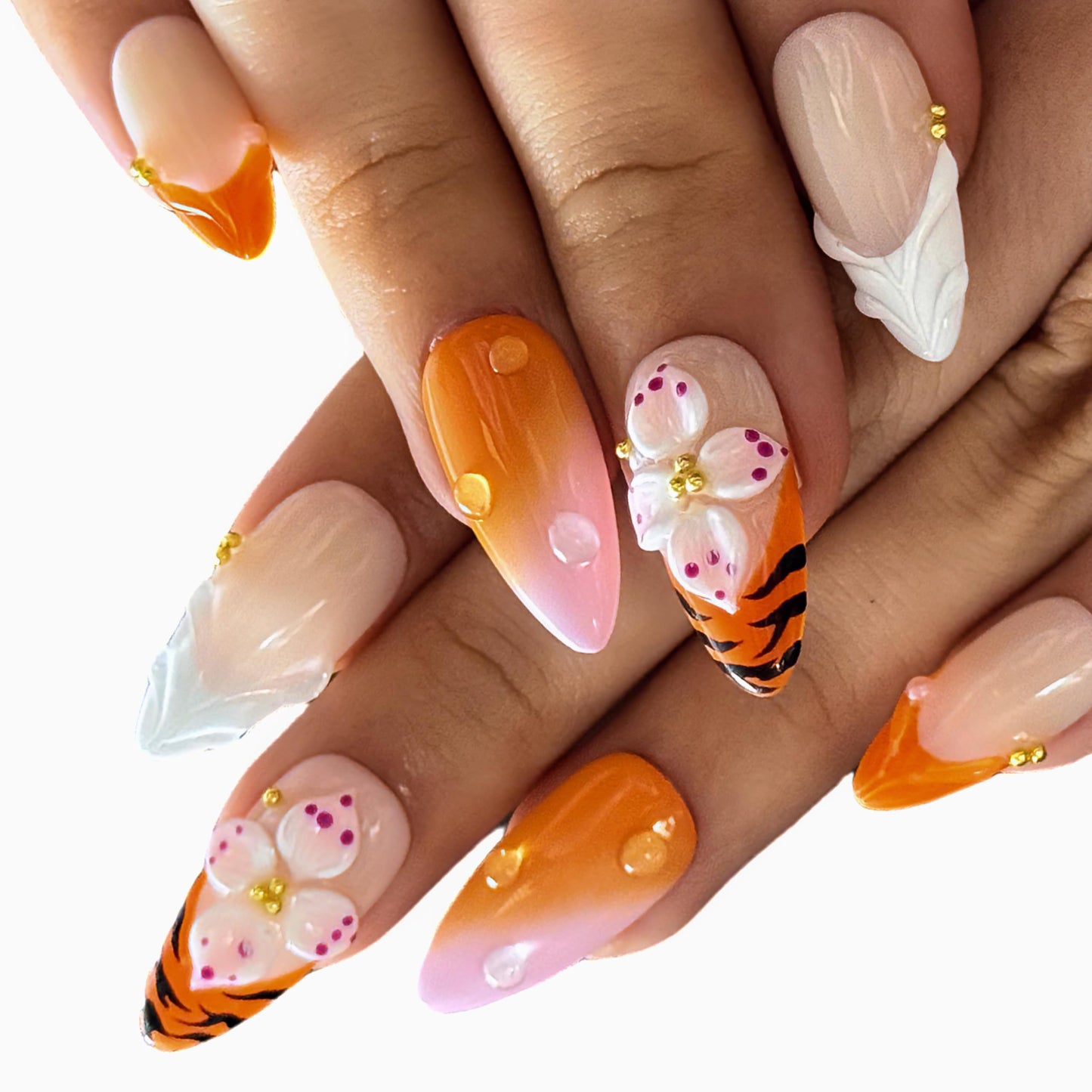 Luxury Medium Almond Press On Nails – French Tip with 3D Flowers, Pearls & Gold Design | Reusable Acrylic Gel Fake Nail | hand made nails S SIZE