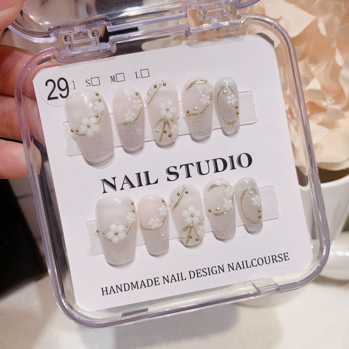 NLSJMP,10Pcs,Size M,3D Handmade Press on Nails Medium Length Acrylic Fake Nails Kit,Glitter Flower Design Nail Art Kit,Include Toolkit,Reusable False nails,WHITE