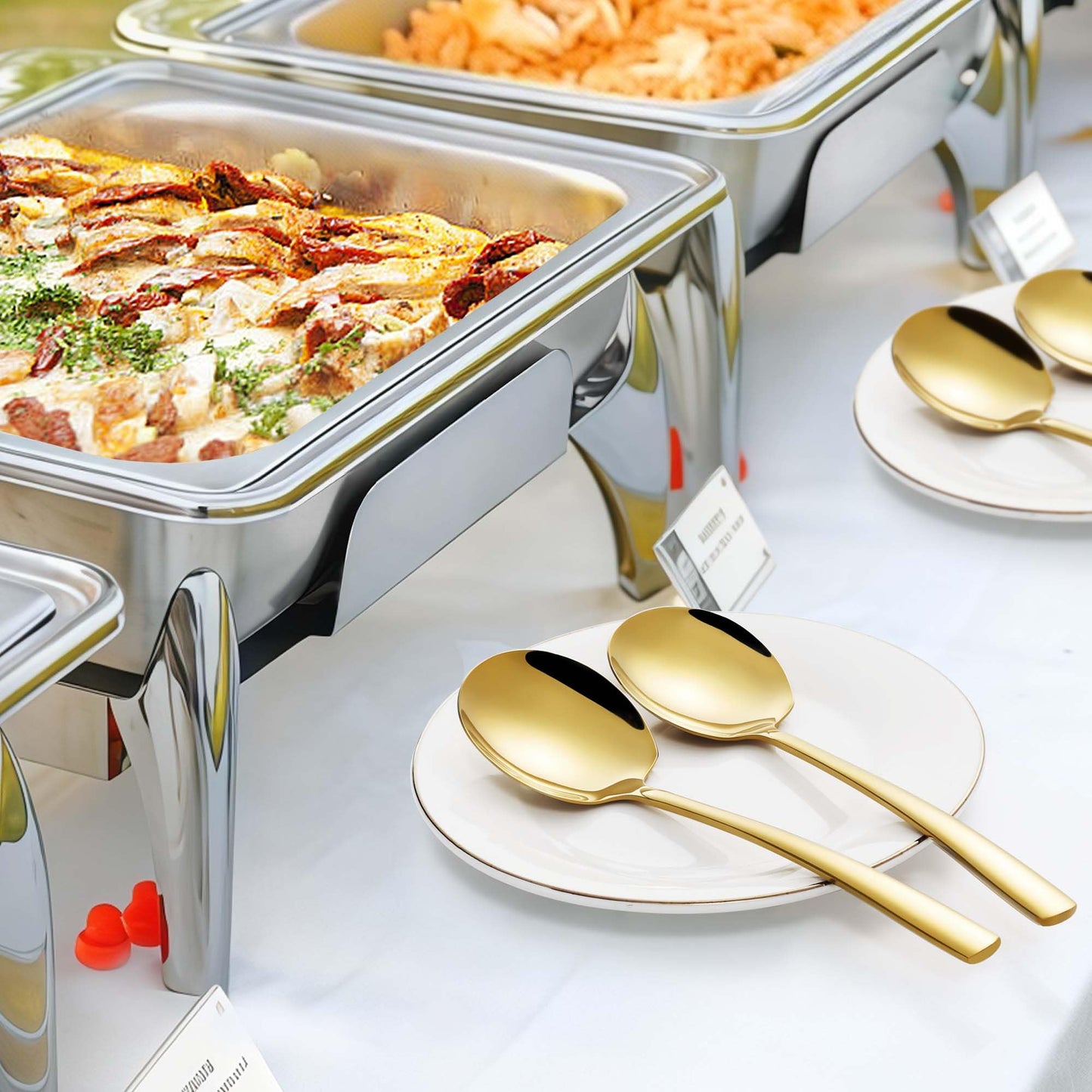 Stainless Steel Serving Spoons Large 9.2-Inch Gold Serving Spoon 8-Piece Big Serving Utensil Set for Buffet, Parties, Catering - Dishwasher Safe(8-Pieces, Gold)
