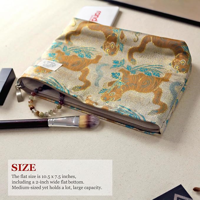 HAPPYHEIDI Cute Pouch Makeup Bag Cosmetic Toiletry Travel, Tote Purse Organizer, Machine Washable, Large Capacity, Champagn Golden Brown Baby Tiger