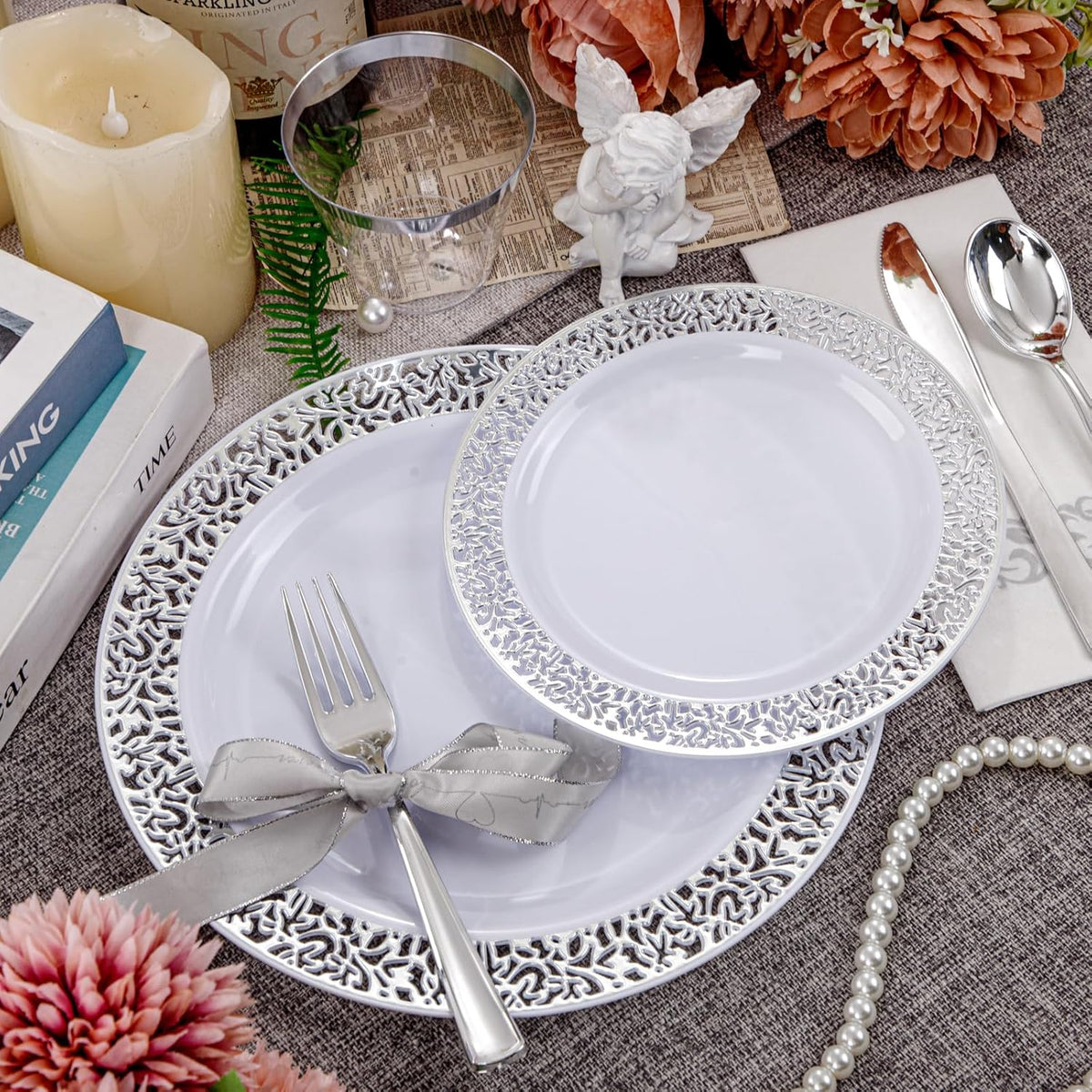 WELLIFE 210pcs Dinnerware Set - Silver Rimmed Plastic Plates Disposable Heavy Duty, Disposable Plastic Plates with Silver Rim, Water-proof, Break-proof, Best Choice for Any Party