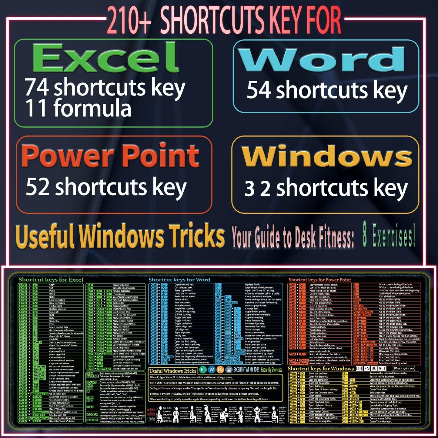 Raryine Excel/Word/Power Point/Windows Mouse pad,Non-Slip&Waterproof Large Gaming Office pc Desk mat(XXL 35.4x15.8 in),Over 200 Keyboard Shortcuts Mousepad