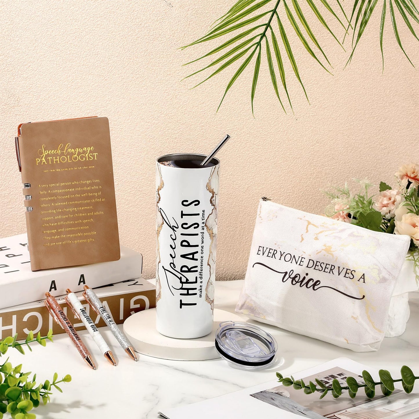 RimCereal 6 Pcs Speech Therapy Gifts Slp Gift for Speech Language Pathologist 20 oz Tumbler Makeup Bag A6 Notebook Ballpoint Pen Slp Graduation Appreciation Gift for Teacher Therapist Birthday(White)