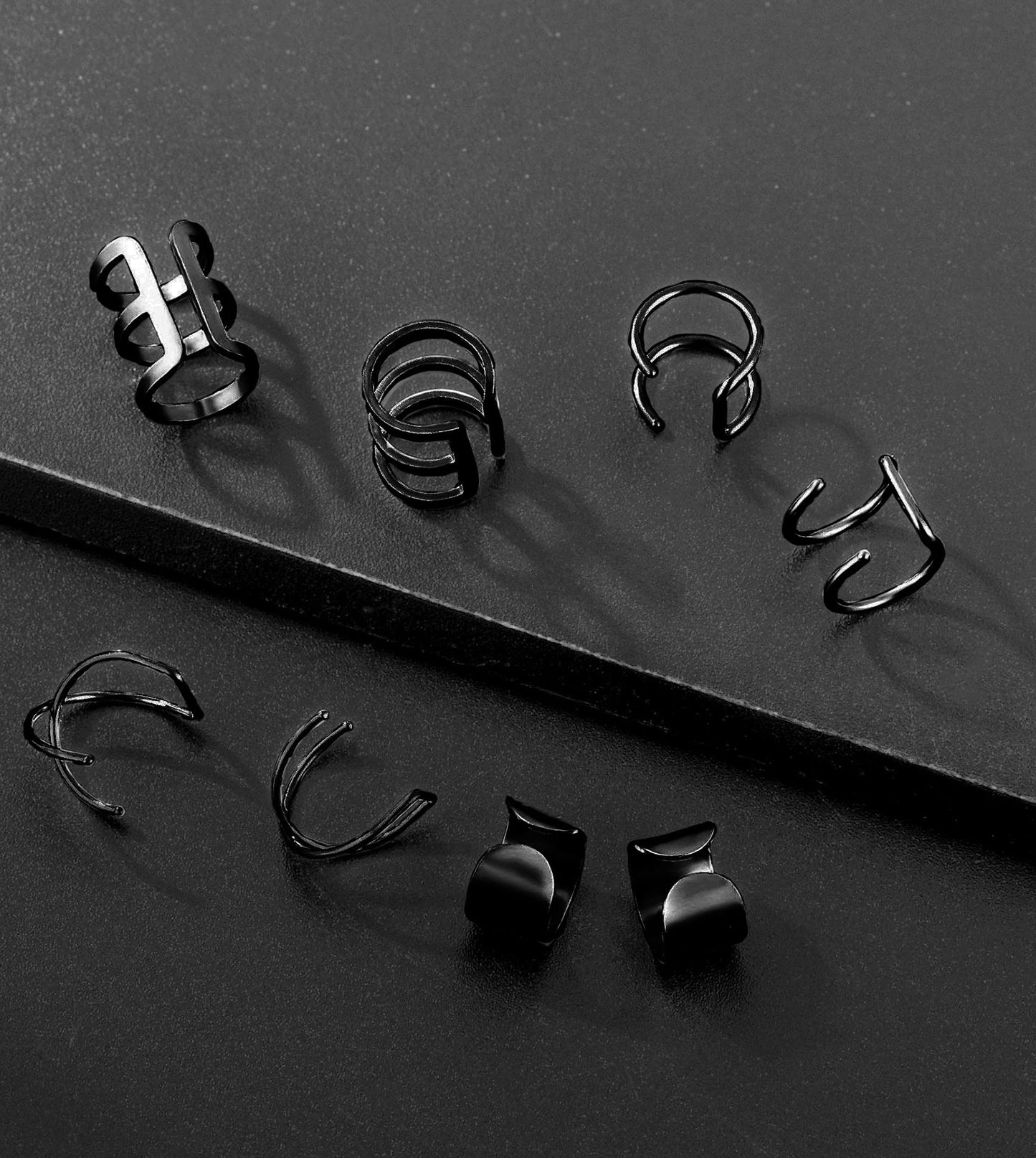 Tornito 4-10 Pairs Stainless Steel Ear Cuff Helix Cartilage Clip On Wrap Earrings Fake Nose Ring Non-Piercing Adjustable (E1:4 Pairs, Black Tone)