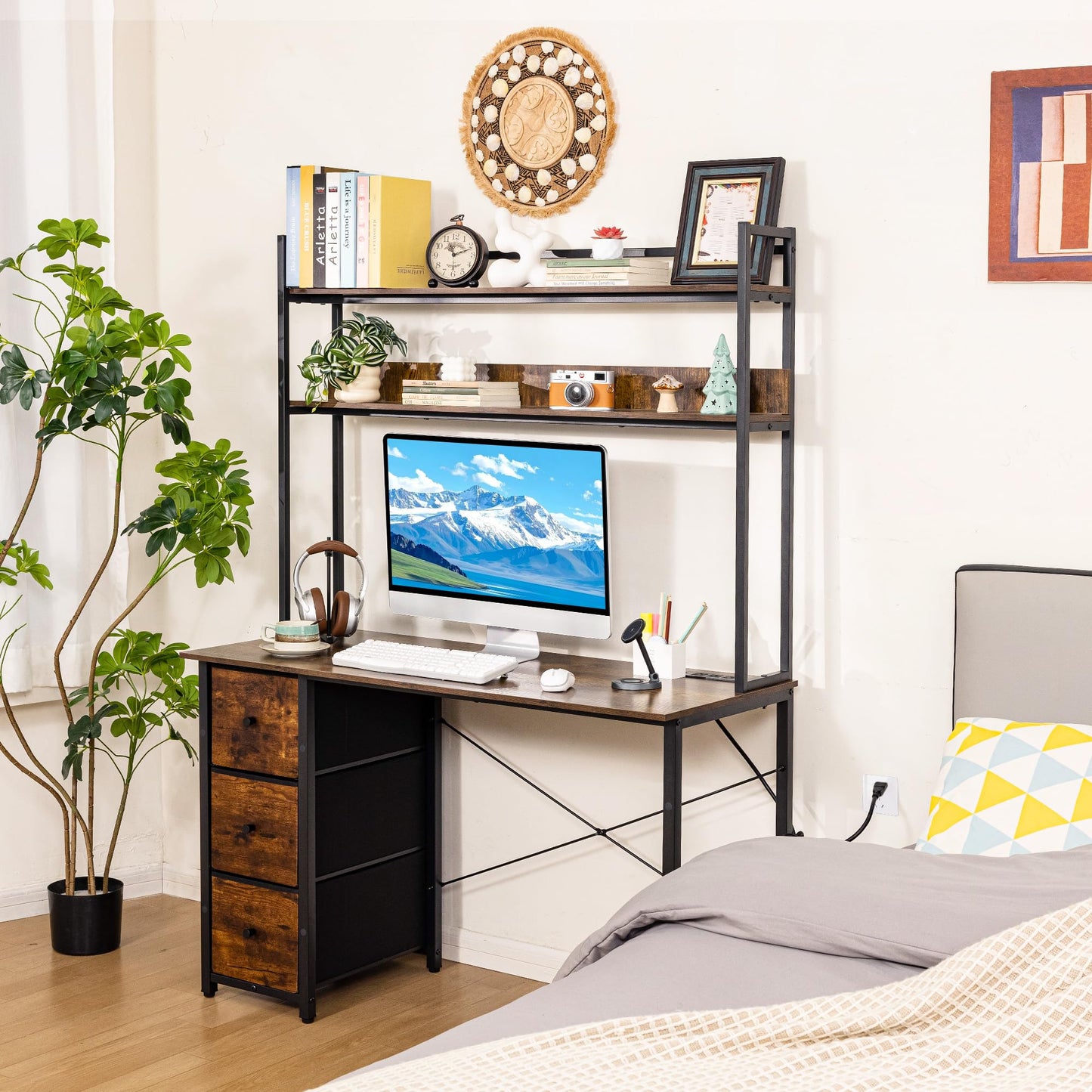 Aquzee Computer Desk with Drawers, 47 inch Desk Hutch, Gaming Desk with Storage Shelves, Power Outlets & Bookshelves, Study Writing Desks for Bedroom Living Room Home Office, Rustic Brown