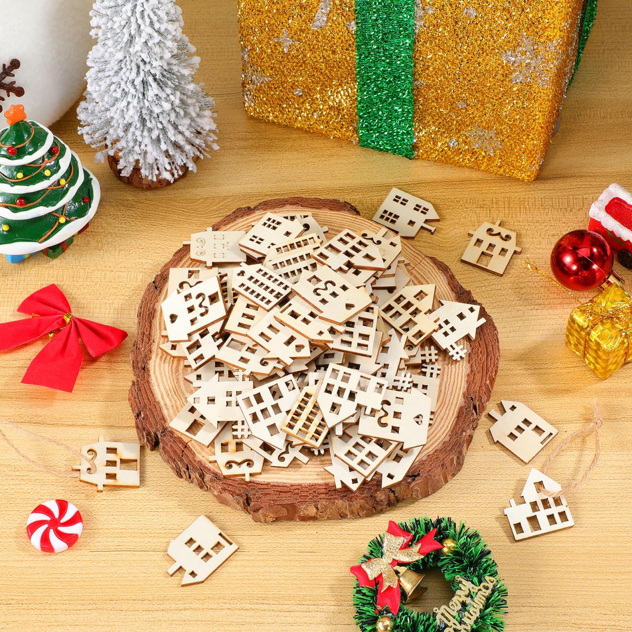 Toyvian 100pcs Wood Craft Shapes House Shaped Unfinished Wood Embellishment Cutout Veneers for DIY Craft Project Home Ornaments
