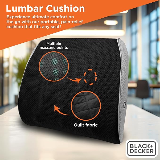 BLACK+DECKER Memory Foam Lumbar Support Pillow Lumbar Cushion with Multiple Massage Points for Office, Car, Wheelchair & Airplane Ergonomic, Pain Relief, Adjustable Strap, Washable Cover, Black/Grey