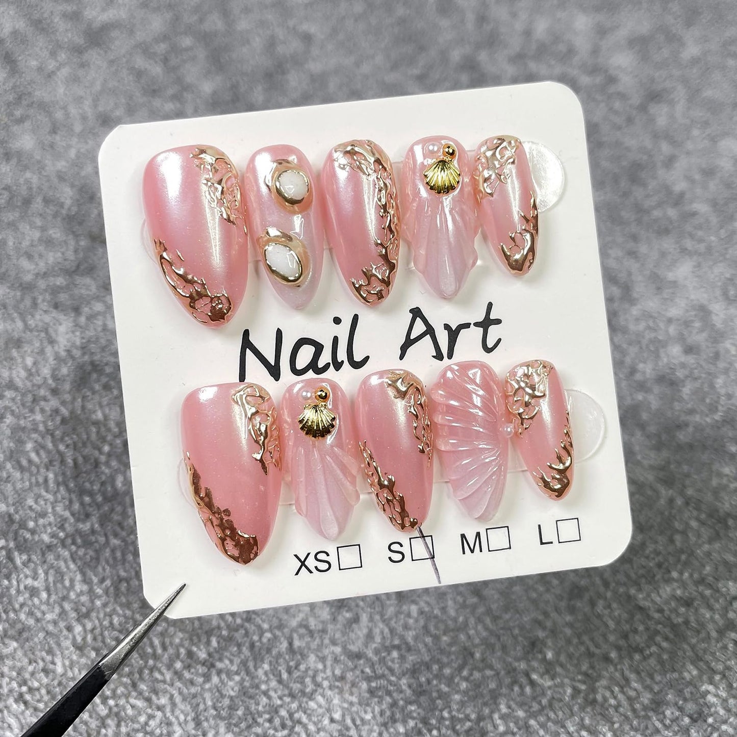 10Pcs Pink Almond Press on Nails Handmade Acrylic Press on Nails Medium Fake Nails with Seashell Pearl Design Summer Beach Nail Art 3D Handmade Nails Press ons Reusable Stick on Nail for Women (S)