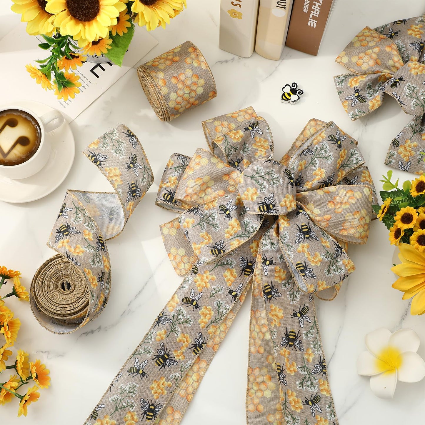 JarThenaAMCS 2 Rolls Bee Wired Edge Ribbons Craft Ribbon 2.5 in 20 Yards Bumble Bee Honeycomb Fabric Wrapping Ribbon for Bow Wreath Summer Party Home Decor