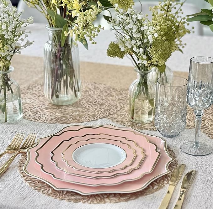 " OCCASIONS " 20 Pieces 13.25'' Scalloped Disposable/Reusable Plastic Charger Plates for Wedding, (Scalloped Imperial Blush & Gold)