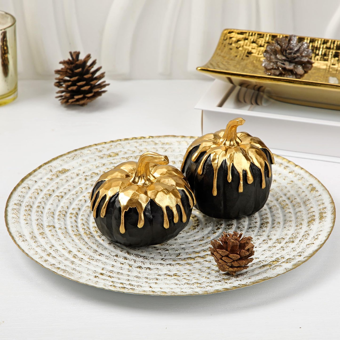 Hollyone Fall Pumpkin Decor 2 PCS Black and Gold Resin Pumpkin Fake Pumpkins for Decorating Figurines Artificial Pumpkins Centerpiece Rustic Farmhouse Halloween Table Fall Decorations for Home