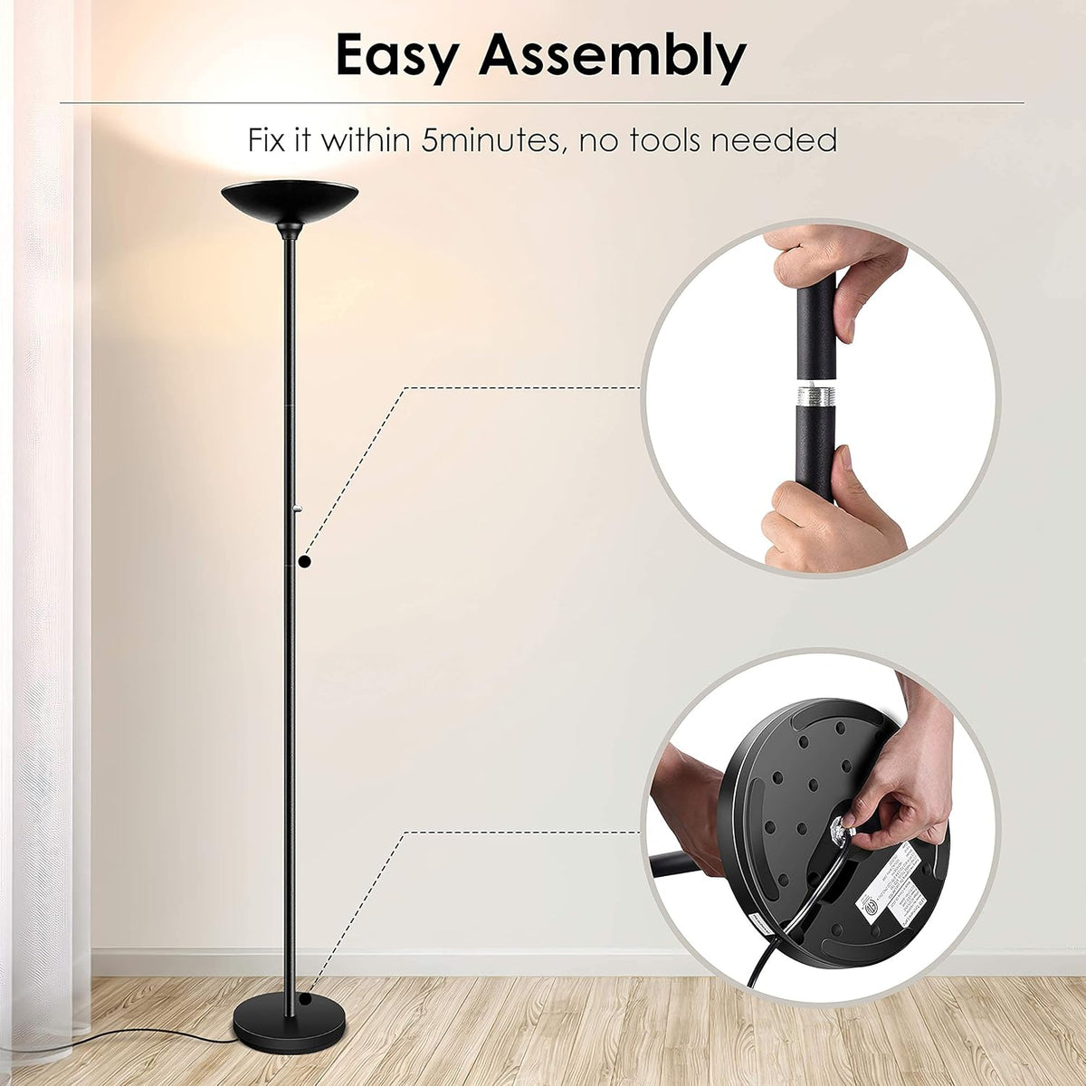 BoostArea Torchiere Floor Lamp, 30W Super Bright LED Standing Lamp, Stepless Dimmable Pole Lamp with 3000K Lighting, Rotary Switch, 70 Inch Tall Metal Modern Floor Lamps for Living Room/Bedroom Black