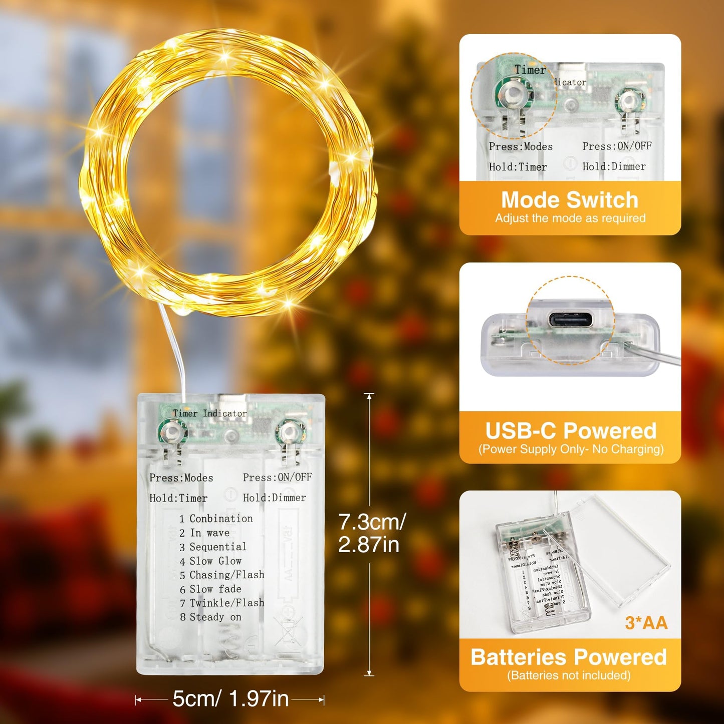 Fairdeer 6 Pack 16FT 50 LED Fairy Lights Battery Operated with Timer, 8 Modes USB Mini Twinkle Light, Small String Lights for Tree Wreath Vase Bedroom DIY Holoday Wedding Decorations-Warm White