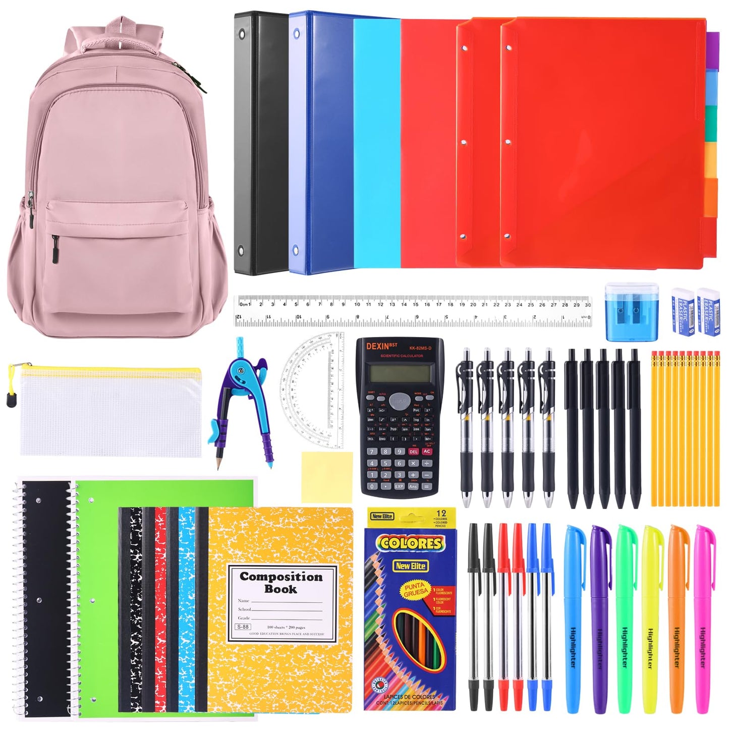 88 Pcs Back to School Supplies Kit with Backpack for High School College Students School Supply Box Essential Learning Tools Supply Box for Senior Students Teachers Includes Calculators (Pink)