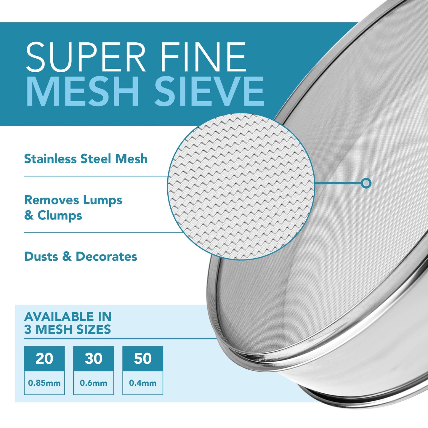 Vollum Stainless Steel Flour Sifter Fine Mesh Round Flour Sieve for Baking 12" Diameter x 2.5" High; 50 Mesh (Hole Size 0.3mm)