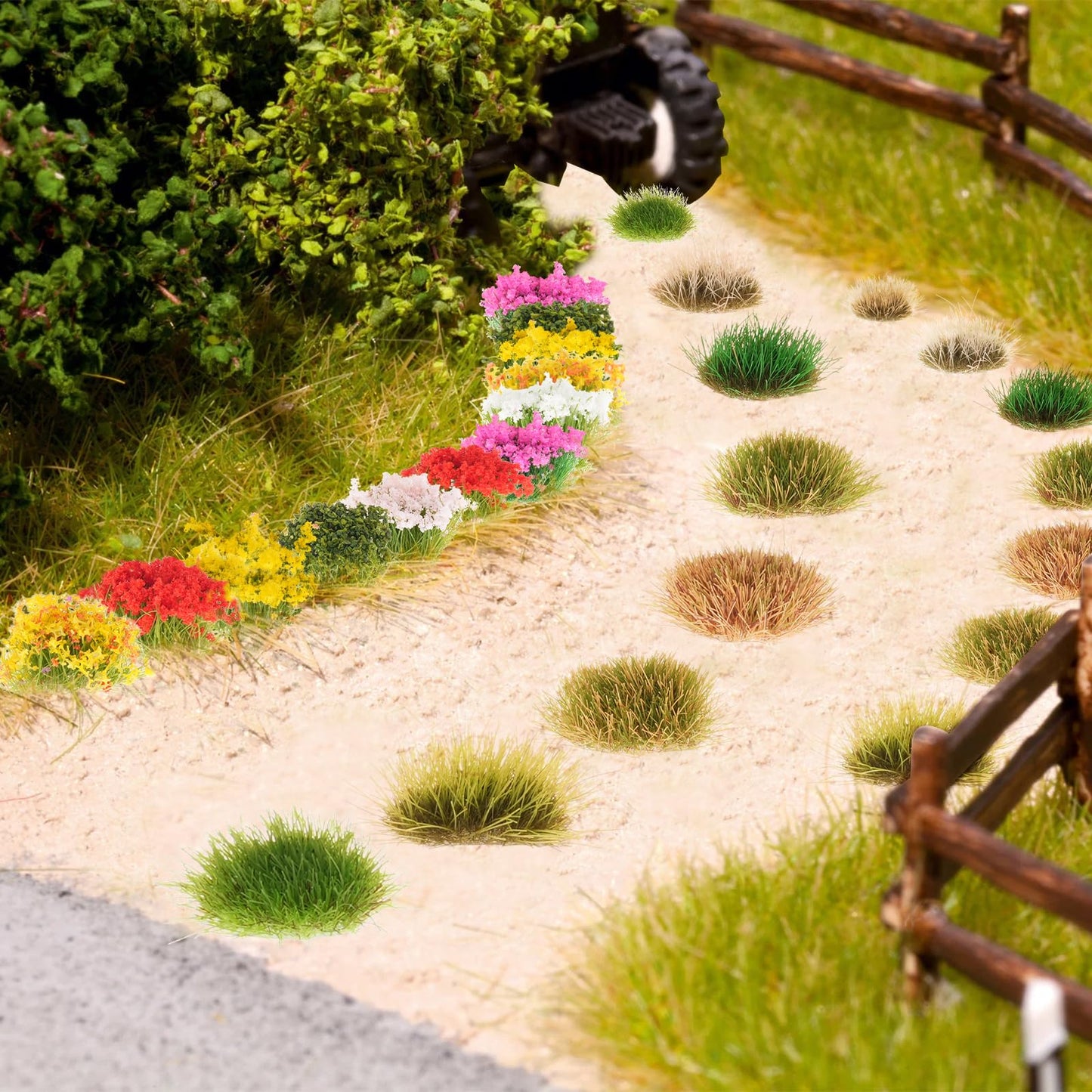 Draupnir 129 Pcs Static Grass Tuft Model Flower Vegetation Groups Self Adhesive Artificial Model Miniature Flowers Cluster for Train Landscape Terrain Railway Scenery Sand