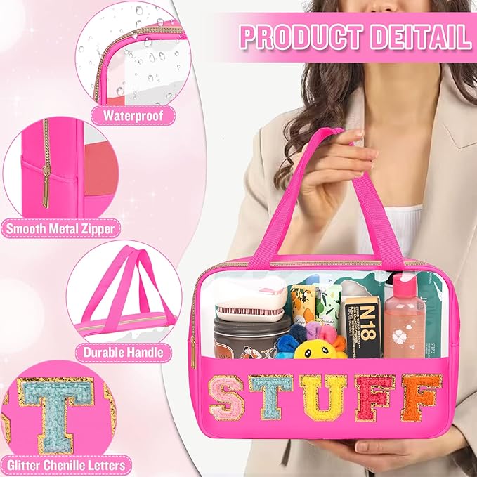 Chenille Letter Clear Makeup Bags Stuff Tote, Preppy Patch Makeup Bag Zipper with Handle, Waterproof PVC & Nylon Portable Glitter Large Cosmetic Travel Toiletry Storage for Women Girls(STUFF-Rose)