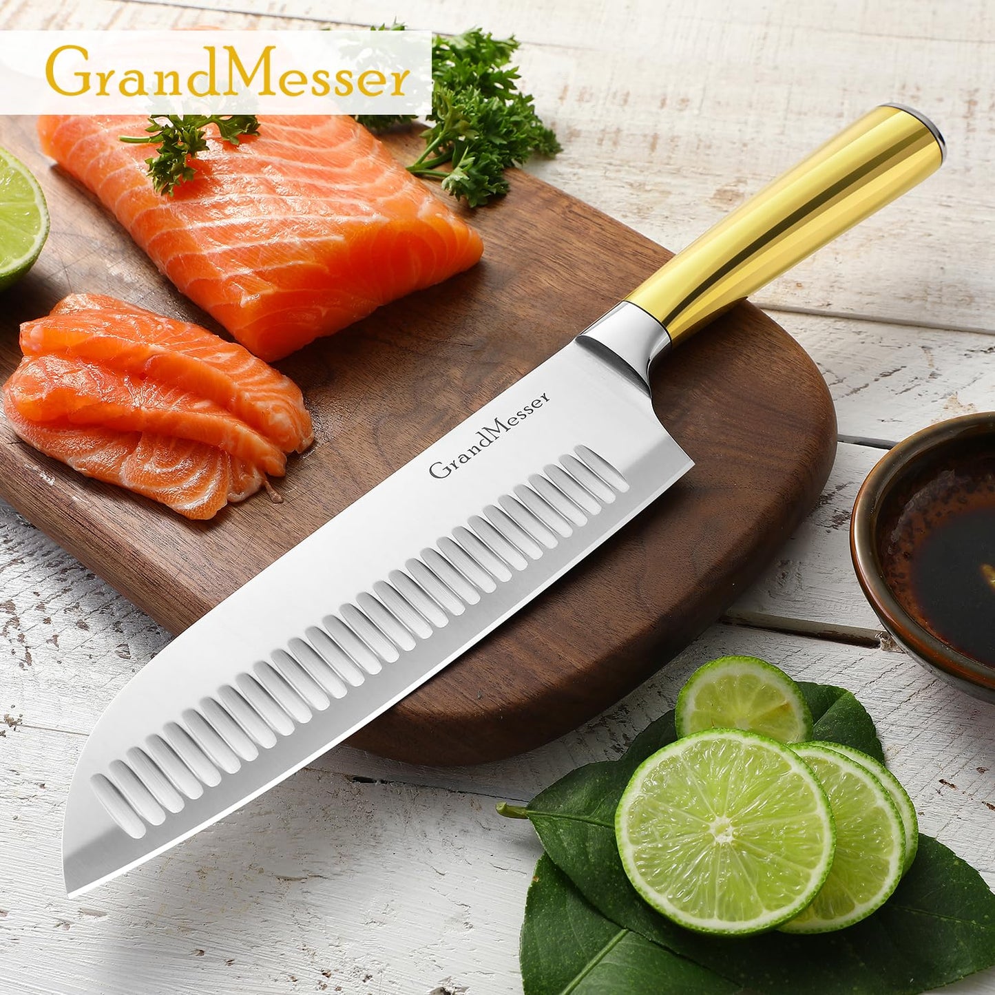 GrandMesser Santoku Knife, Chef's Kitchen Knife 7 Inch, Japanese Steel AUS-10 Chef Knife, with Pure Copper Ergonomic Handle & Gift Box.