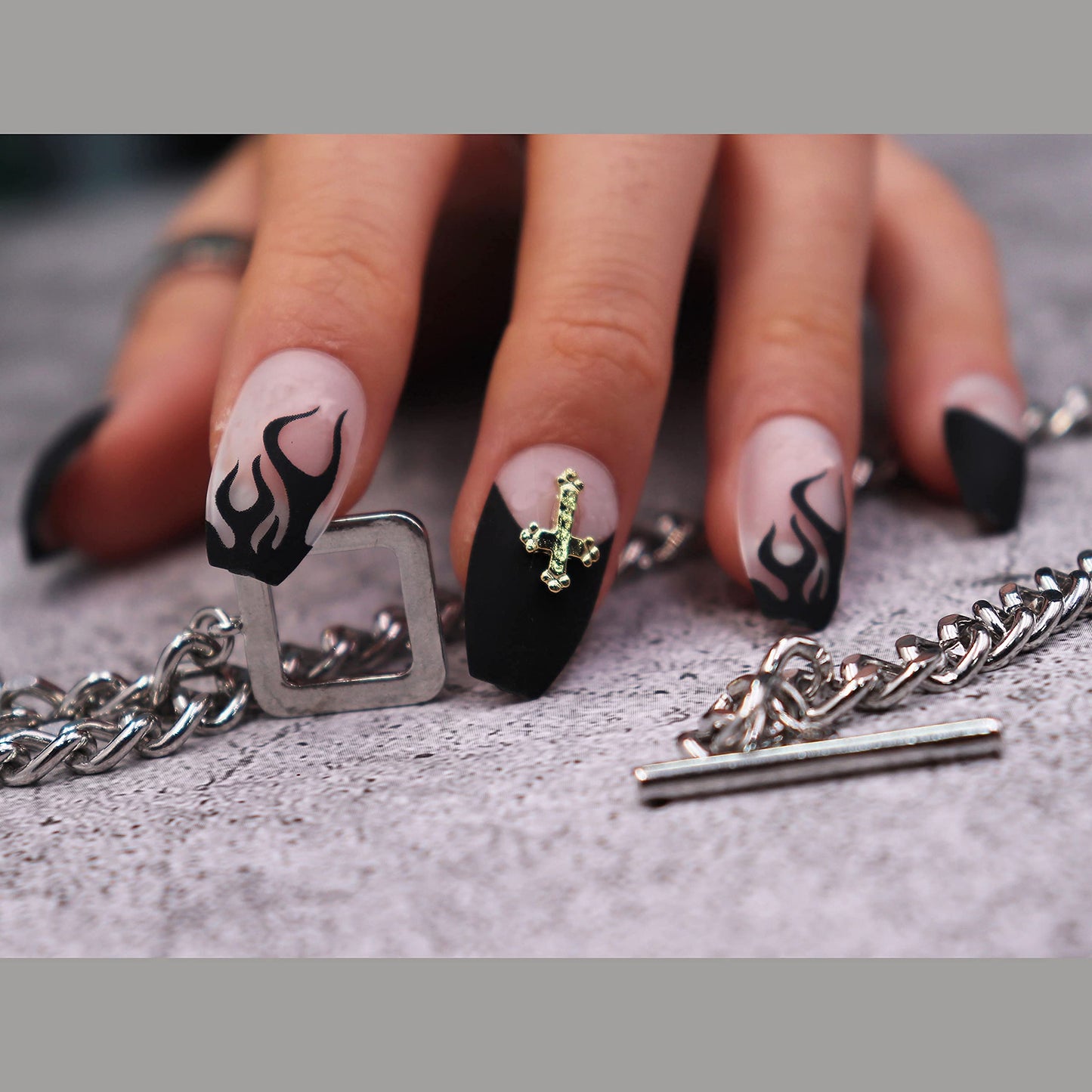 MISUD Press on Nails - Medium Coffin Glue on Nails with Goth Black, Acrylic Gothic Cross Design 24 pcs
